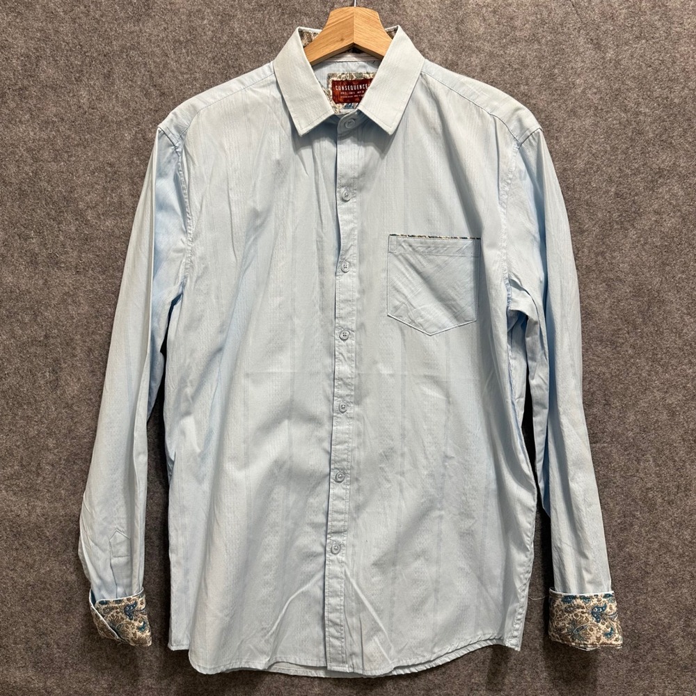 Consequence Button Down Shirt Mens‎ S Blue Paisley Trim Long Sleeve Collared